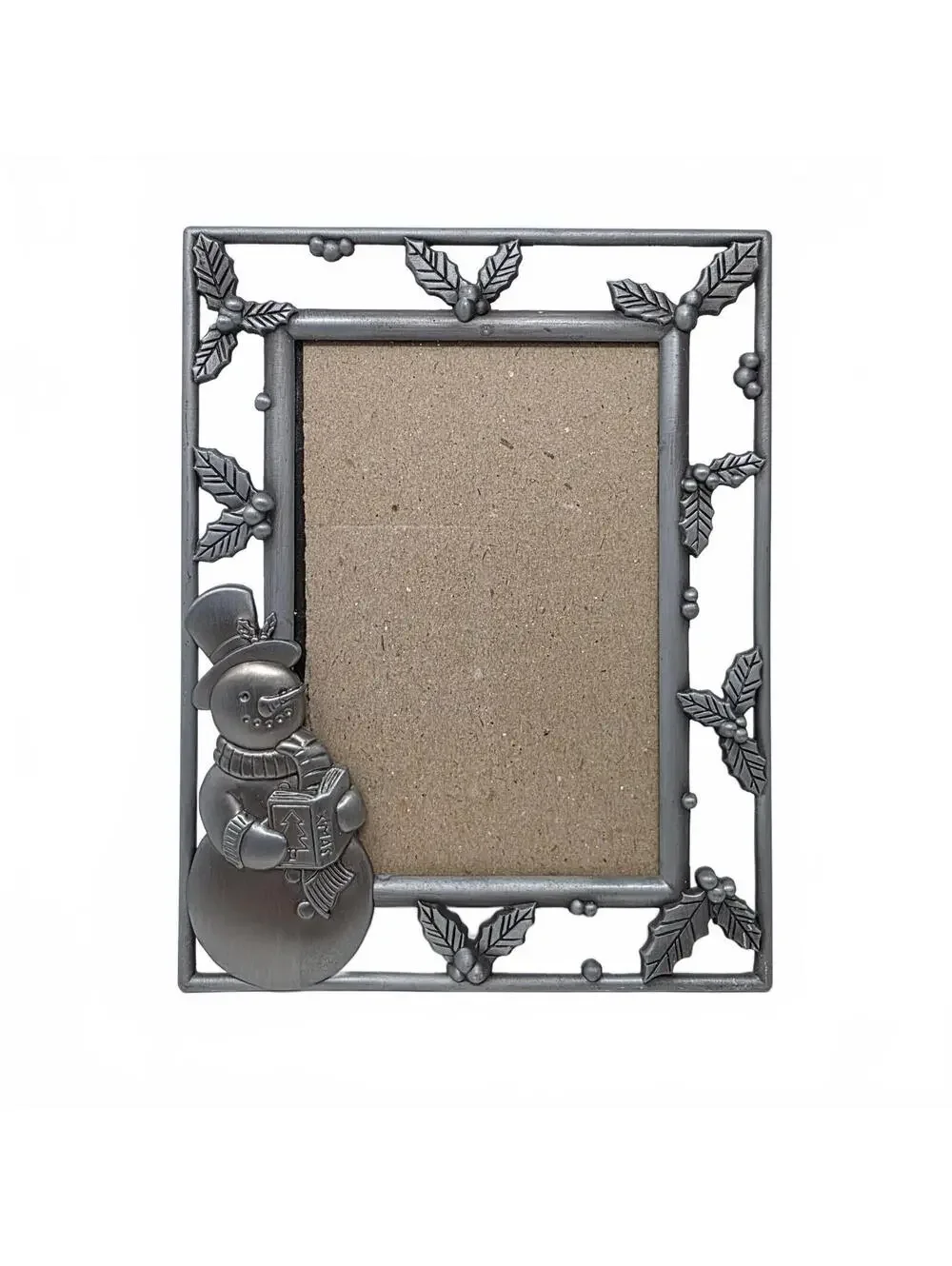 Silver Tone Snowman Christmas Photo Frame Holly Berries 4x6 Tabletop